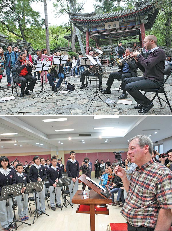 From top: Musicians from Canada's NAC Orchestra stage a brass quintet at Fragrant Hills. They coach the brass orchestra of Beijing No 2 Middle School. (China Daily)