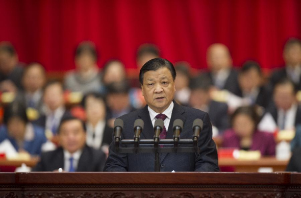 Liu Yunshan, member of the Standing Committee of the Political Bureau of the Communist Party of China (CPC) Central Committee and secretary of the Secretariat of the CPC Central Committee, addresses the 16th national congress of the All-China Federation of Trade Unions (ACFTU) at the Great Hall of the People in Beijing, capital of China, Oct. 18, 2013. The 16th national congress of ACFTU was opened here on Friday. (Xinhua/Xie Huanchi)