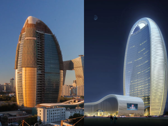 From left: The new Peoples Daily headquarters building is under construction in Beijing. Sketch of the building designed by Chinese architect Zhou Qi. Photos provided to China Daily