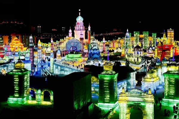 Hand-carved ice sculptures come to life at night in Harbin.