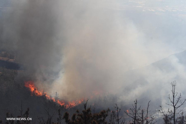 Photo taken on Feb. 4, 2014 shows the scene of a forest fire on the Fenghuang Mountain at Dachang Village in Jinning County, southwest China's Yunnan Province. About 310 firefighters and service men have been mobilized to extinguish the forest fire. (Xinhua/Gong Yan)