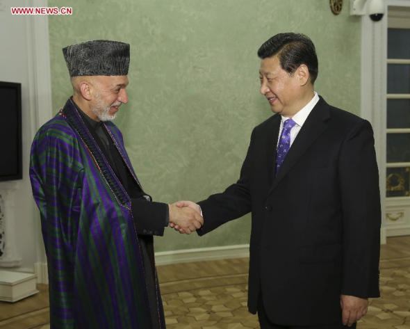 Chinese President Xi Jinping (R) meets with Afghan President Hamid Karzai in Sochi, Russia, Feb 7, 2014. (Xinhua/Lan Hongguang)