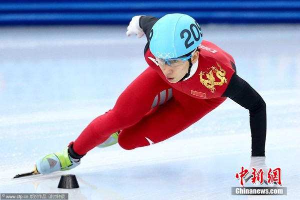 Han Tianyu of China during the men's 1,500 metres short track speed skating final at the Iceberg Skating Palace during the 2014 Sochi Winter Olympics Feb 10, 2014. [Photo/Agencies]