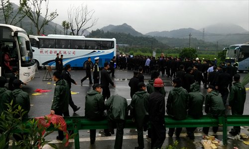 Police officers gather in the town of Zhongtai on May 11. Photo: Yang Hui/GT