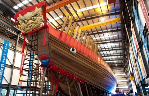 A replica of an ancient ship used by Zheng He (1371-1433) to traverse to the Indian Ocean. The five-story, 71.1-meter-long wooden replica is capable of making a high sea voyage. Song Qiao / for China Daily