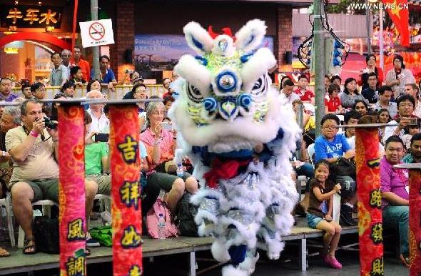 A lion dance troupe participates in a lion dance competition held in Singapore's Chinatown, Feb. 7, 2015. Singapore on Saturday held the 8th International Lion Dance Competition to celebrate the Chinese Lunar New Year in Singapore's Chinatown.(Photo: Xinhua)