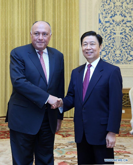 Chinese Vice President Li Yuanchao (R) meets with Egyptian Foreign Minister Sameh Shukri, who has led a delegation of the Organization of the Islamic Conference (OIC) to China, in Beijing, capital of China, Feb. 28, 2015. (Xinhua/Yao Dawei)
