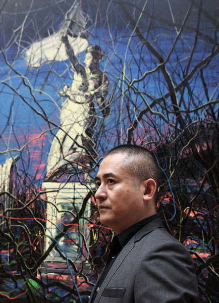 Zeng Fanzhi is presenting in Beijing his latest work, The Louvre Project, which is inspired by Eugene Delacroix's masterpiece, Liberty Leading the People. (Photo provided to China Daily)