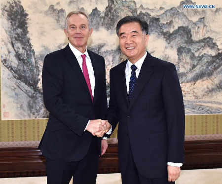 Chinese Vice Premier Wang Yang (R) meets with former British Prime Minister Tony Blair in Beijing, capital of China, June 3, 2015. (Xinhua/Li Tao)