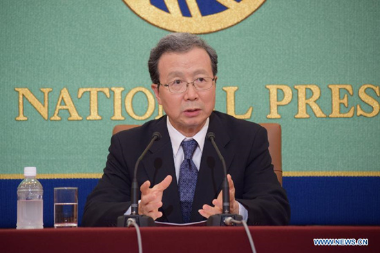 Chinese Ambassador to Japan Cheng Yonghua delivers a speech at Japan's National Press Center in Tokyo, Japan, on July 23, 2015.(Photo: Xinhua/Liu Xiuling)