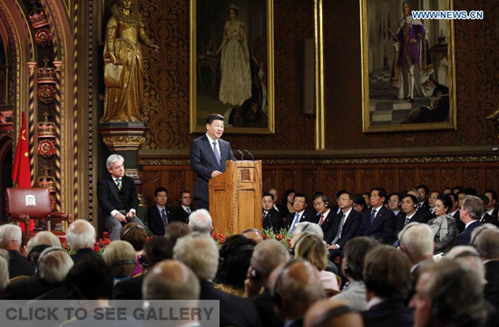 Chinese President Xi Jinping addresses both Houses of British Parliament in London, Britain, Oct. 20, 2015. (Photo: Xinhua/Ju Peng)