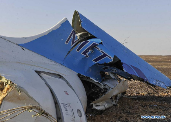 The handout photo, taken on Oct. 31, 2015, from Egyptian Prime Minister Office shows debris found at the crash site of a Russian passenger plane in Hassana, a mountainous area 35 km south of Arish City, Egypt. The black box of the Russian plane that crashed in Egypt's Sinai earlier on Saturday has been found and 129 bodies have been picked up, Egyptian Prime Minister Sherif Ismail said at a press conference. (Photo: Xinhua/Egypt's PM Office)