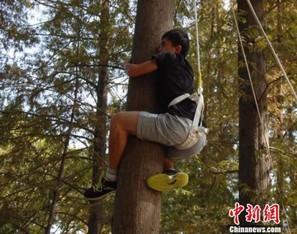 A participant climbs on a tree during the selection. (Photo/chinanews.com)