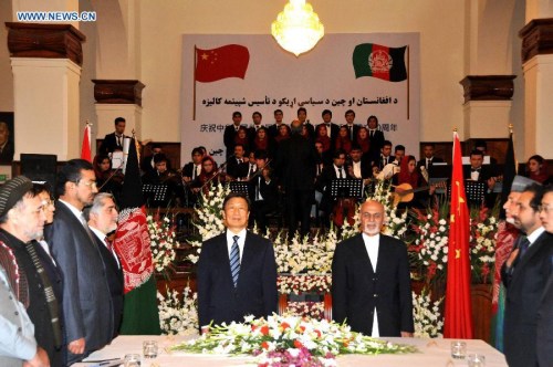 Chinese Vice President Li Yuanchao and Afghan President Mohammad Ashraf Ghani attend a reception marking the 60th anniversary of China-Afghanistan diplomatic ties in Kabul, Afghanistan, on Nov. 3, 2015. (Photo: Xinhua/Zhao Yishen)