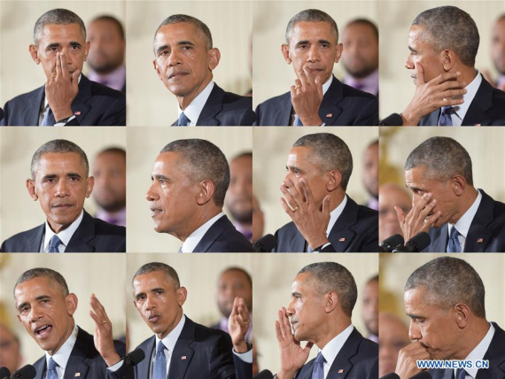 The combination photo taken on Jan. 5, 2016 shows U.S. President Barack Obama weeping during a press conference at White House in Washington D.C., capital of the United States. (Photo: Xinhua/Bao Dandan)