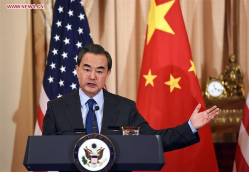  Chinese Foreign Minister Wang Yi attends a press conference after meeting with U.S. Secretary of States John Kerry (not in the picture) in Washington D.C., the United States, Feb. 23, 2016. (Photo: Xinhua/Yin Bogu)