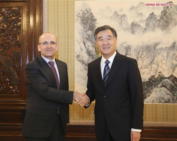  Chinese Vice Premier Wang Yang (R) meets with Turkish Deputy Prime Minister Mehmet Simsek in Beijing, capital of China, Feb. 28, 2016. (Photo: Xinhua/Ding Lin)