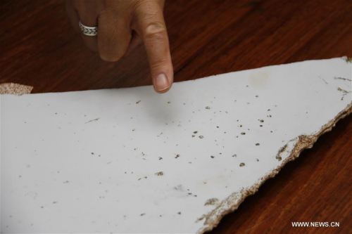 A piece of an airplane is displayed during a news conference in Maputo, capital of Mozambique, March 3, 2016. Mozambican aviation authorities on Wednesday night confirmed the finding of a piece of an airplane off the coast of Mozambique, but considered it premature to relate it with a Boeing 777 aircraft. (Photo: Xinhua/Li Xiaopeng)