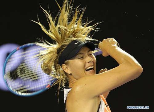 Russia's Maria Sharapova competes against Belarus's Aliaksandra Sasnovich during the second round match of women's singles at the Australian Open Tennis Championshis in Melbourne, Australia, Jan. 20, 2016. Maria Sharapova won 2-0. (Xinhua/Bi Mingming)