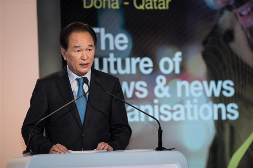 Cai Mingzhao, executive president of the World Media Summit (WMS) and president of Xinhua News Agency delivers a speech at the opening session of the WMS 2016 in Doha, Qatar, March 20, 2016. (Photo: Xinhua/Meng Tao)