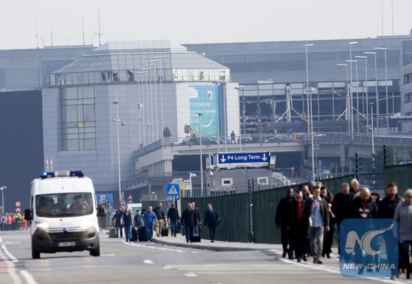 Photo taken on March 22 shows the damaged facade of the Brussels airport in Brussels, Belgium, on March 22, 2016. (Xinhua/Ye Pingfan)