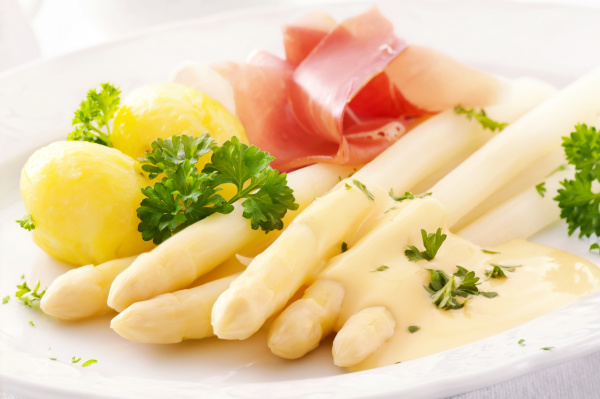 poached white asparagus and egg, Prosciutto, crushed potatoes and creamy hollandaise sauce