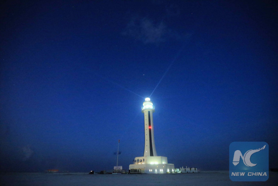 Photo taken on April 5, 2016 shows the lighthouse on Zhubi Reef of Nansha Islands in theSouth China Sea, south China. (Xinhua file photo)