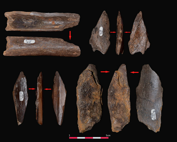 Tools made of bones unearthed from the Gantangqing Paleolithic sites in Yunnan province.(Photo provided to China Daily)