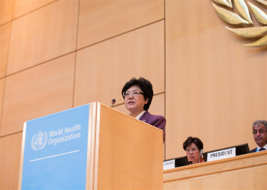 China's minister of National Health and Family Planning Commission (NHFPC) Li Bin (front) attends the 69th World Health Assembly in Geneva, Switzerland on May 23, 2016. (Photo: Xinhua/Xu Jinquan)