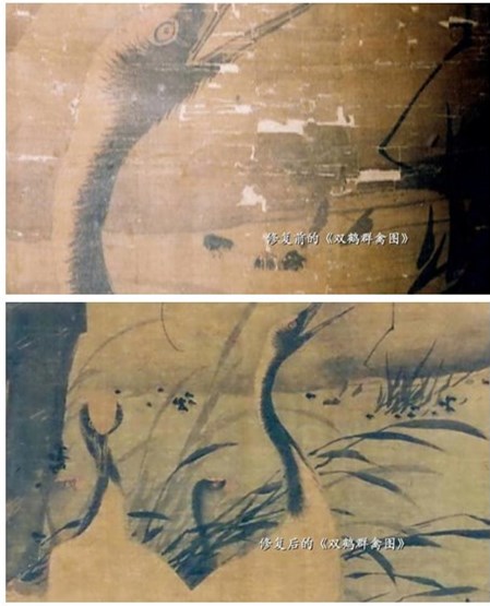 Image shows the silk painting Two Cranes and a Flock of Birds before and after renovation (Still images from China Central Television)