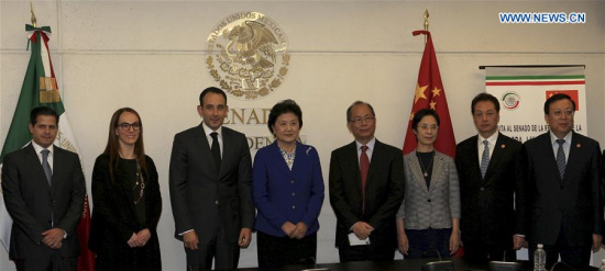 Chinese Vice Premier Liu Yandong (4th, L) meets with Roberto Gil Zuarth (3rd, L), president of the Mexican Senate, in Mexico City, Mexico, Aug. 8, 2016. (Xinhua/Carlos Ramirez) 