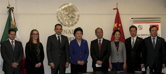 Chinese Vice Premier Liu Yandong (4th, L) meets with Roberto Gil Zuarth (3rd, L), president of the Mexican Senate, in Mexico City, Mexico, Aug. 8, 2016. (Xinhua/Carlos Ramirez)