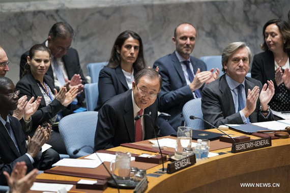 UN Secretary-GeneralBan Ki-moon(C, front) is seen during a meeting held by theUnited NationsSecurity Council to pay tribute to him at the UN headquarters in New York, Dec. 14, 2016.  (Xinhua/Li Muzi)