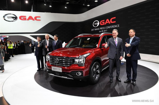 China's Guangzhou Automobile Group Motor (GAC Motor) makes debut of Trumpchi SUV GS7 during the 2017 North American International Auto Show (NAIAS) in Detroit, the United States, Jan. 9, 2017. (Xinhua/Yin Bogu)