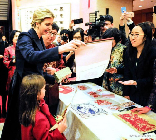 Ivanka Trump (L), daughter of U.S. President Donald Trump, attends the Chinese Embassy's New Year reception with her daughter (front L) in Washington, D.C., the United States, Feb. 1, 2017. (Xinhua/Liu Yang)