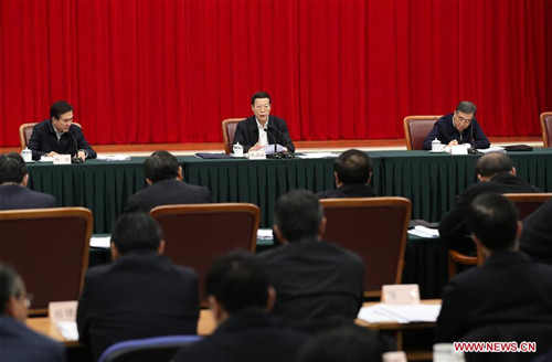 Chinese Vice Premier Zhang Gaoli (C, back) presides over a work conference on Belt and Road development in Beijing, capital of China, Feb. 10, 2017. (Xinhua/Ma Zhancheng)