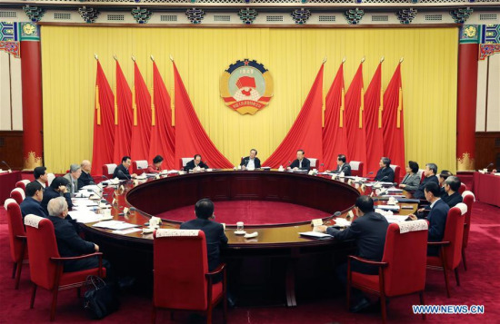 Yu Zhengsheng, chairman of the National Committee of the Chinese People's Political Consultative Conference (CPPCC), presides over a meeting of the chairman and vice chairpersons of the CPPCC National Committee in Beijing, capital of China, Feb. 23, 2017. (Xinhua/Yao Dawei)