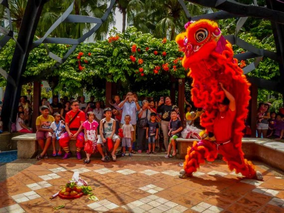 People watch a lion dance at a Chinese New Year event in Singapore. (Photo by Hong Yew Kwong)