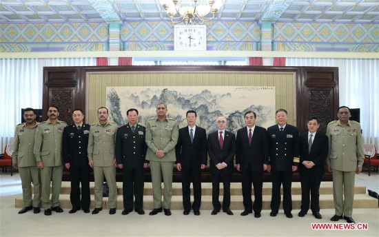 Chinese Vice Premier Zhang Gaoli (6th R) meets with Pakistan Army Chief General Qamar Javed Bajwa in Beijing, capital of China, March 16, 2017. (Xinhua/Wang Ye)