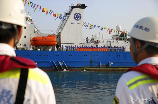 China's deep-sea submersible mother ship, Tansuo-1, returns to Sanya in south China's Hainan Province, March 23, 2017, after completing its 68-day voyage for the Mariana Trench expedition. The ship serves as the mother ship for a manned submersible that can reach a depth of 4,500 meters. (Xinhua/Yuan Yongdong) 