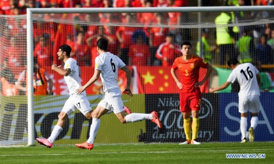 Iran's Mehdi Taremi (1st L) celebrates after scoring in the 2018 FIFA World Cup Russia qualification match between China and Iran, in Tehran, Iran, March 28, 2017. Iran won 1-0. (Xinhua/Guo Yong)