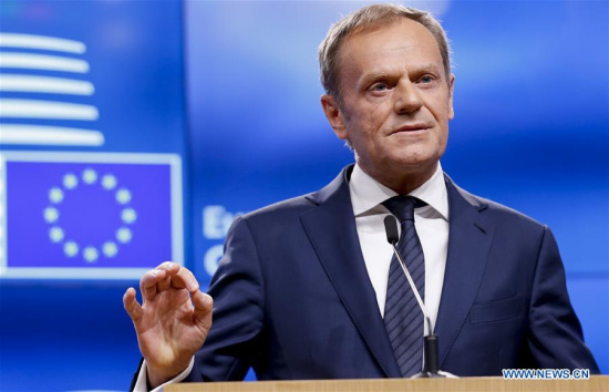 European Council President Donald Tusk speaks during a press statement after receiving a letter signed by British Prime Minister Theresa May at European Council in Brussels, Belgium, March 29, 2017. (Xinhua/Ye Pingfan) 