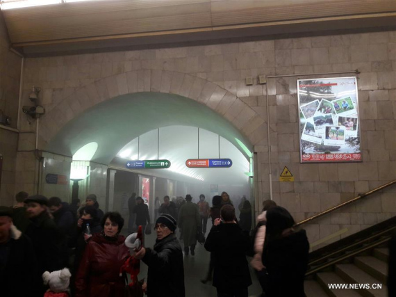 The photo taken on April 3, 2017 shows the blast site at a metro station in St. Petersburg, Russia. At least 10 people were killed, 50 injured and 7 stations were shut down after blasts. (Xinhua/vk.com/car crash and accident in St. Petersburg)