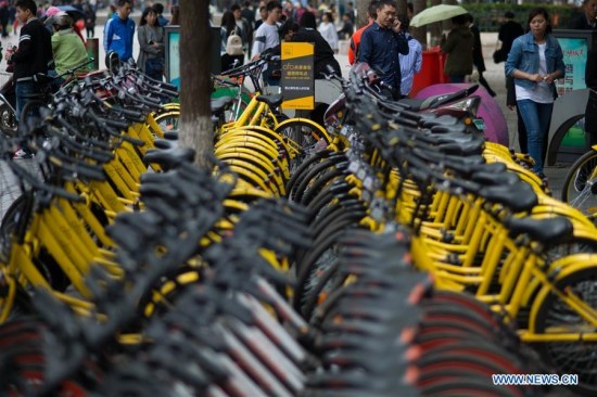 Shared bicycles are seen in Kunming, capital of southwest China's Yunnan Province, April 5, 2017. According to a report from Beijing-based BigData Research, by the end of 2016, there were 18.86 million users of shared bicycles, and the number is expected to expand to 50 million by the end of this year. (Xinhua/Hu Chao)