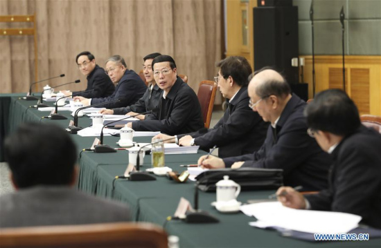 Chinese Vice Premier Zhang Gaoli (4th R) speaks at a conference on coordinated development of the Beijing-Tianjin-Hebei (Jing-Jin-Ji) region, in Beijing, capital of China, April 6, 2017. (Xinhua/Pang Xinglei)