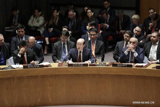 Liu Jieyi (C, front), China's permanent representative to the United Nations, addresses a Security Council emergency session on the situation in Syria at the UN headquarters in New York, on April 7, 2017. (Xinhua/Li Muzi)