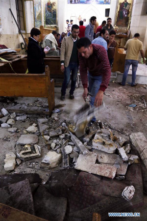 Photo taken on April 9, 2017 shows the site of a bomb blast at Mar Girgis Church in Tanta, Egypt.(Xinhua/Ahmed Gomaa)