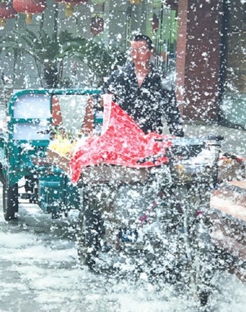 Willow catkins shroud parked vehicles and a fruit vendor on Huixin Dongjie in Beijing's Chaoyang district on Monday. (Photo by Xu Jingxing/China Daily)