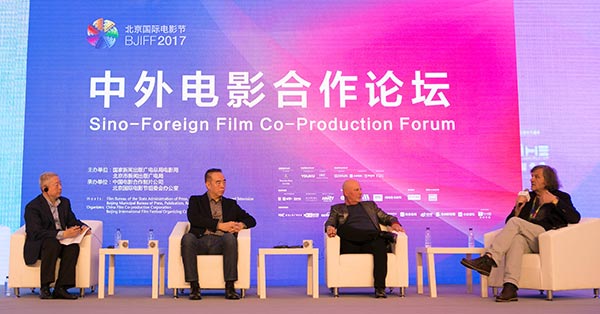 Filmmakers discuss trends at the Sino-Foreign Film Coproduction Forum during the ongoing 7th Beijing International Film Festival. (Photo by Jiang Dong/China Daily)