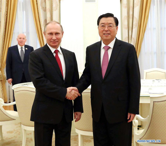 Zhang Dejiang, chairman of the Standing Committee of China's National People's Congress (NPC), meets with Russian President Vladimir Putin, in Moscow, capital of Russia, April 19, 2017. (Xinhua/Liu Weibing)